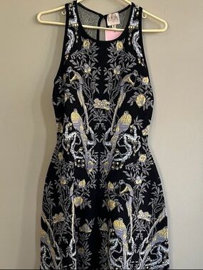 Via Vai Kim Bird and Floral Jacquard sleeveless fit n flare black dress medium